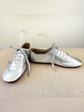 Anothersole Lucie ll Leather Flats Metallic Silver Lace-up Round Toe 39